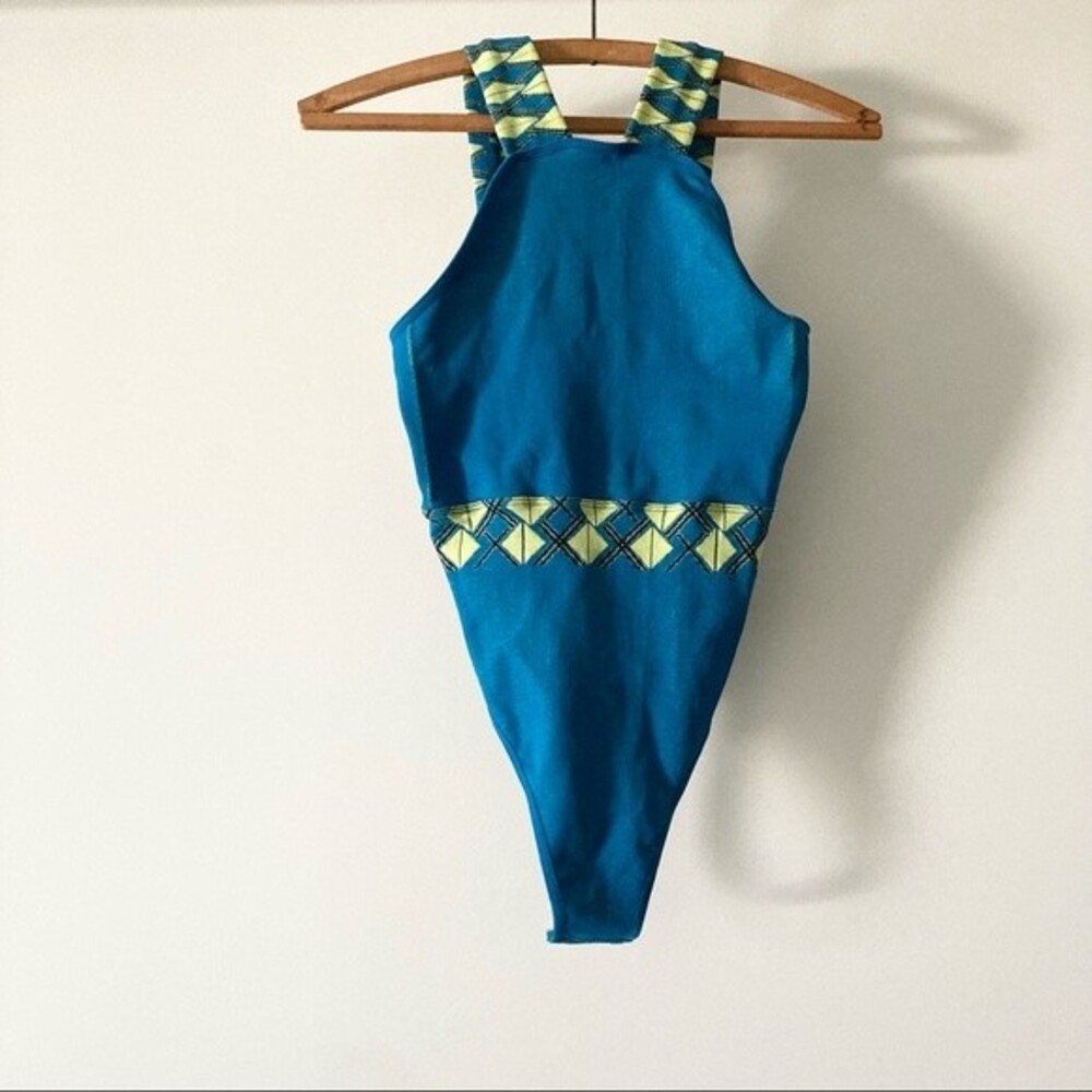 NWOT Free People Argyle Patterned High Neck Blue/Green Bodysuit‎ - FP Movement